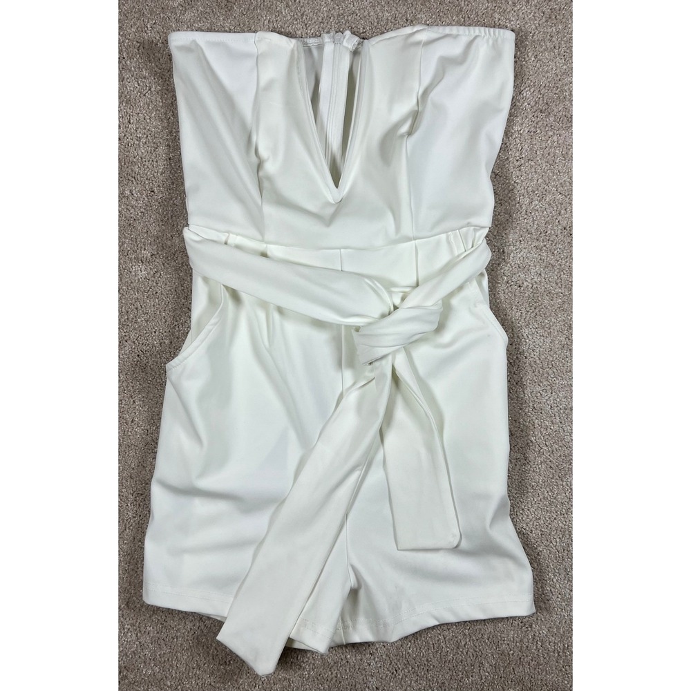 White Strapless V-Neck Romper Small Jumpsuit Tie Belt Casual Party Glam Cocktail